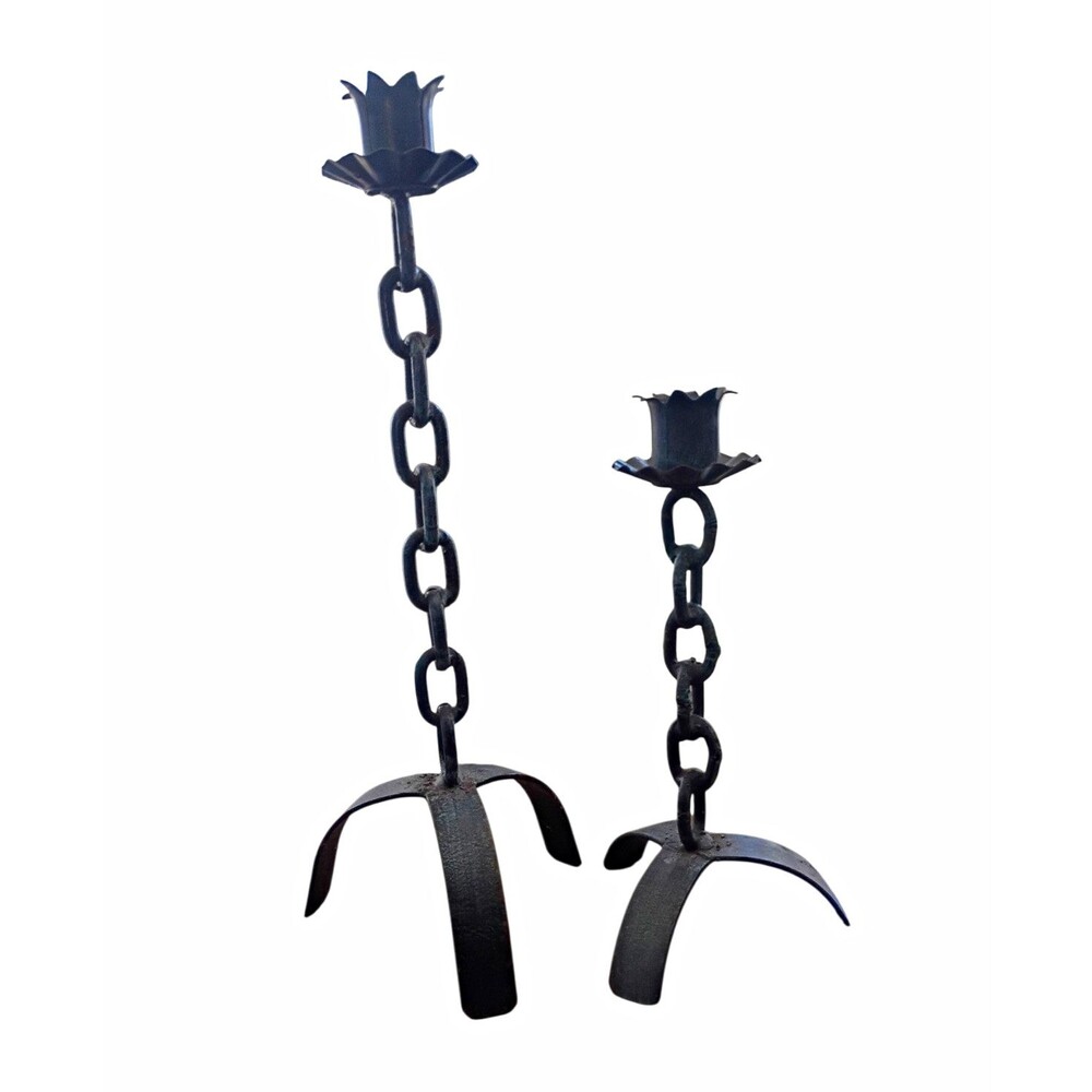 Vintage Mid Century Brutalist Wrought Iron Chain Candlesticks - Pair of 2